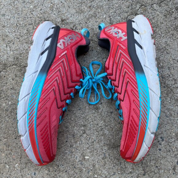 Hoka One One Clifton 4 Womens 9.5 Red Blue Running Walking Sneaker Trainers Gym - Picture 4 of 7